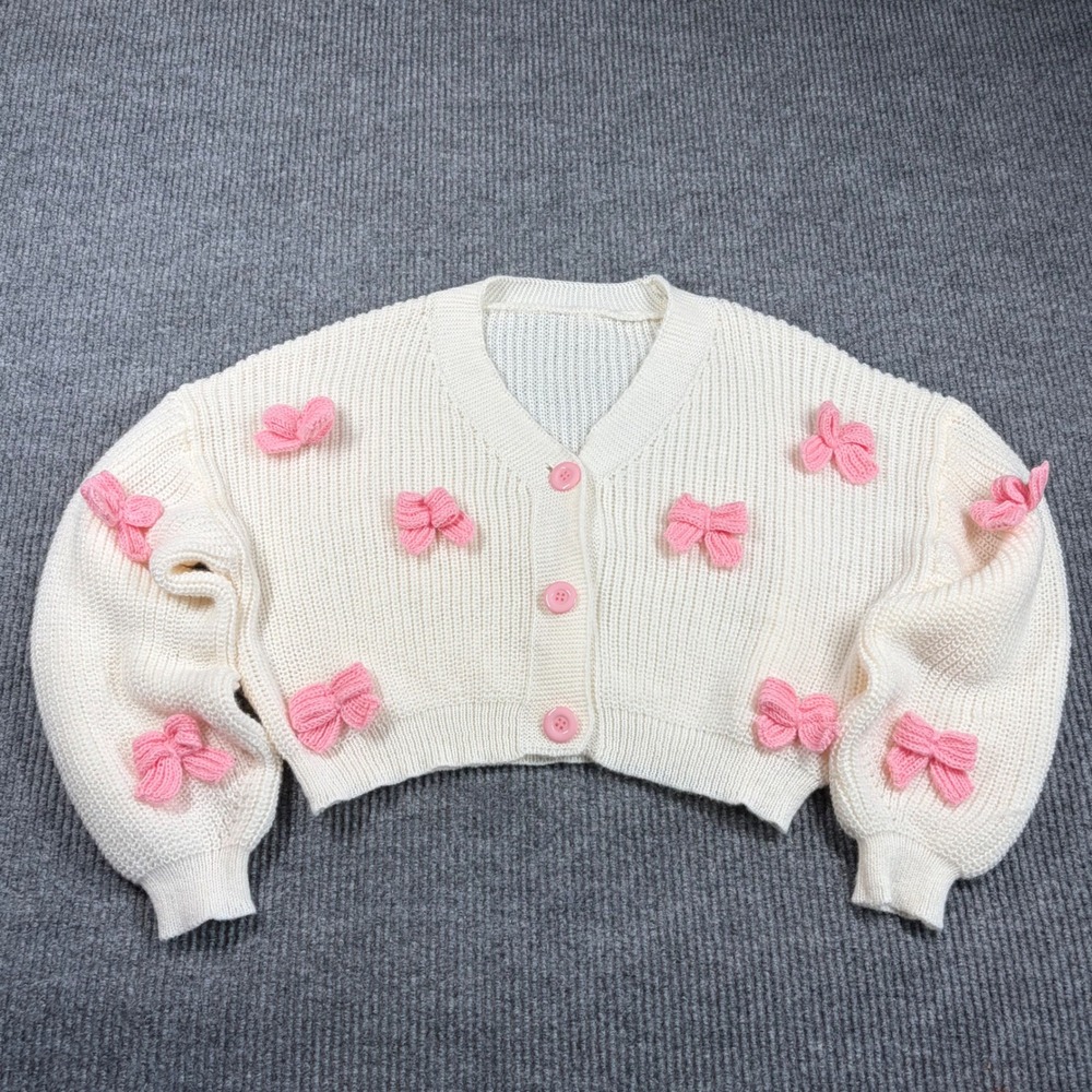 ROMWE Womens 2XL White Knit Cropped Cardigan Pink 3D Bows Long Sleeve V-Neck